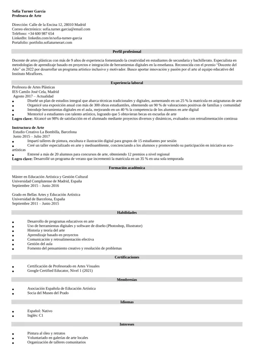 ejemplo de curriculum de profesor de arte
