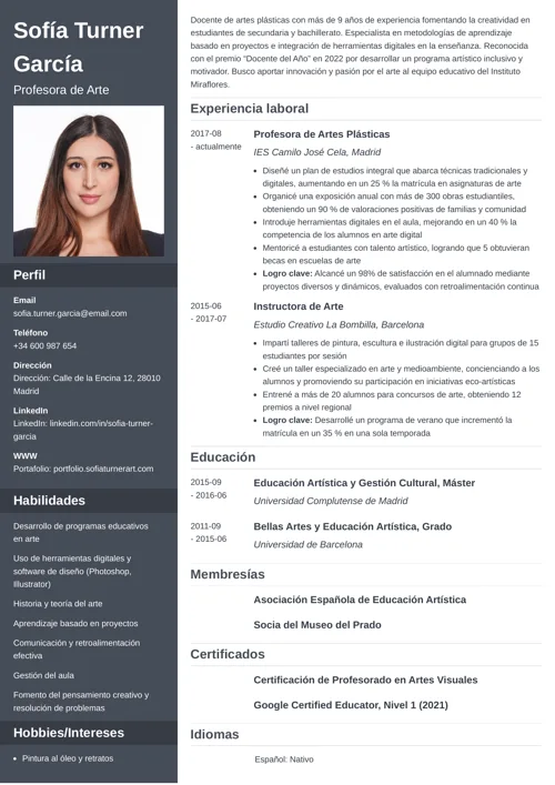 ejemplo de curriculum de profesor de arte
