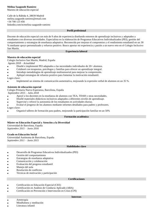 ejemplo de currículum para profesor de educación especial