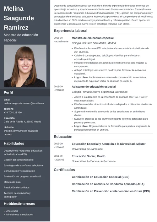 ejemplo de currículum para profesor de educación especial
