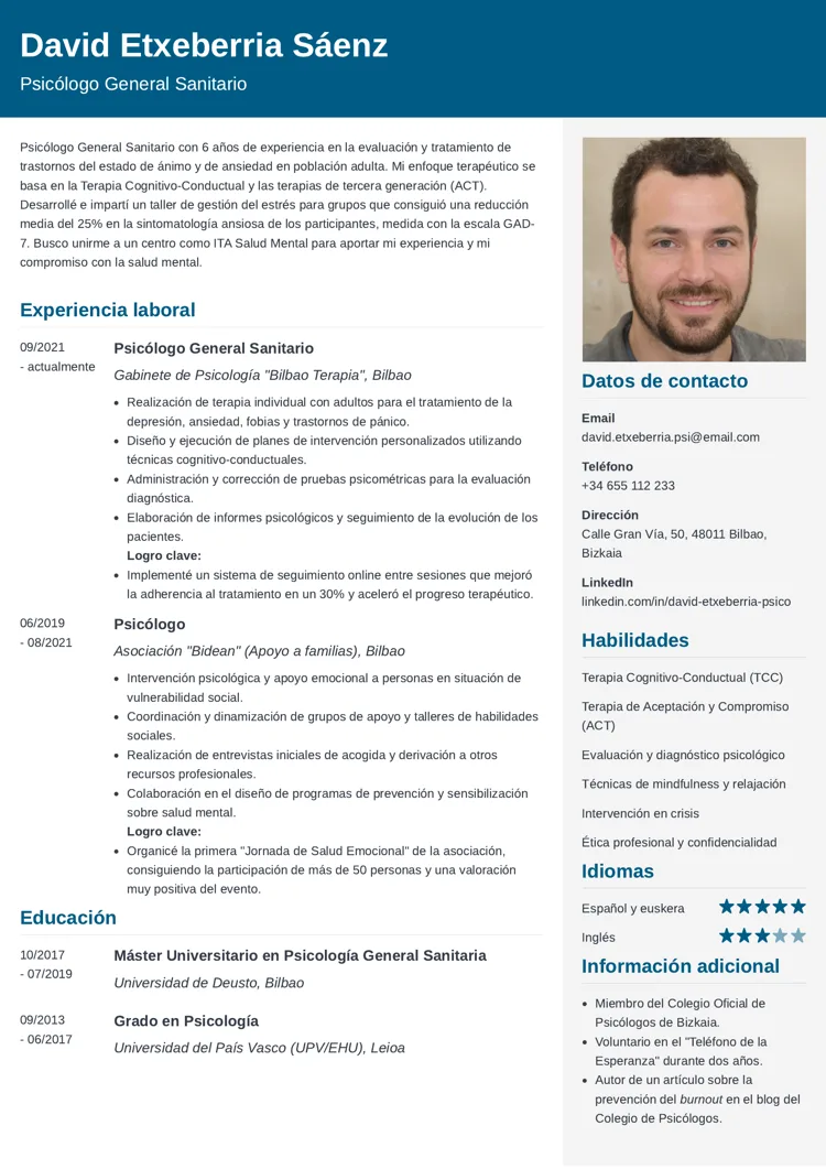 ejemplo de CV de psicólogo