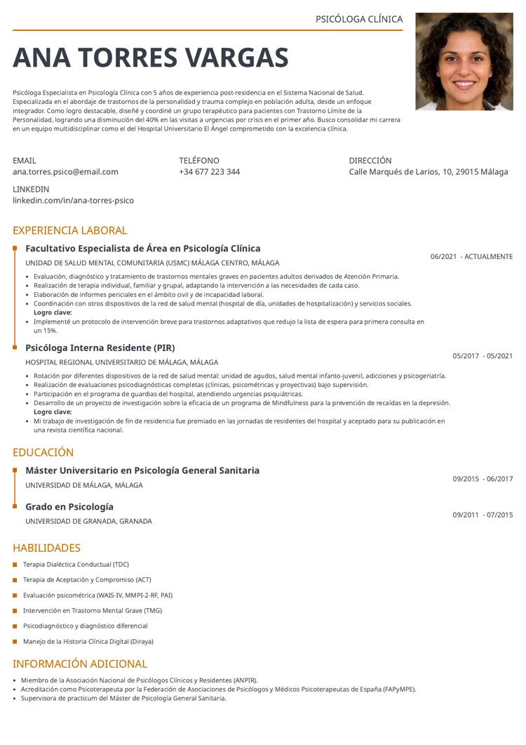 plantilla de currículum de psicólogo clínico