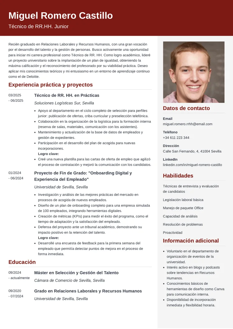 plantilla de currículum para técnico de recursos humanos sin experiencia