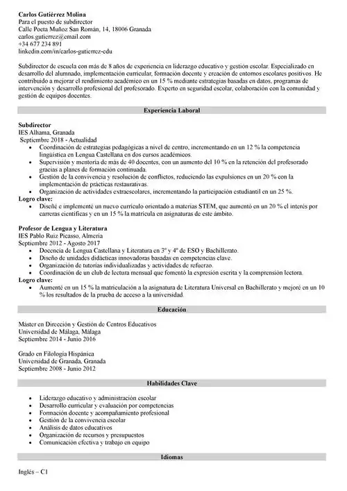 ejemplo de currículum de subdirector