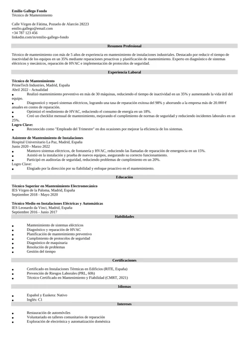 ejemplo de currículum para técnico de mantenimiento