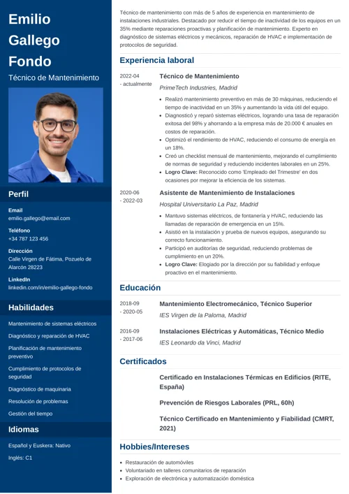 ejemplo de currículum para técnico de mantenimiento