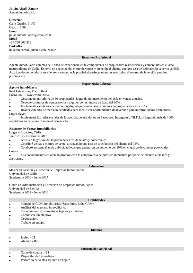 ejemplo de cv de agente inmobiliario