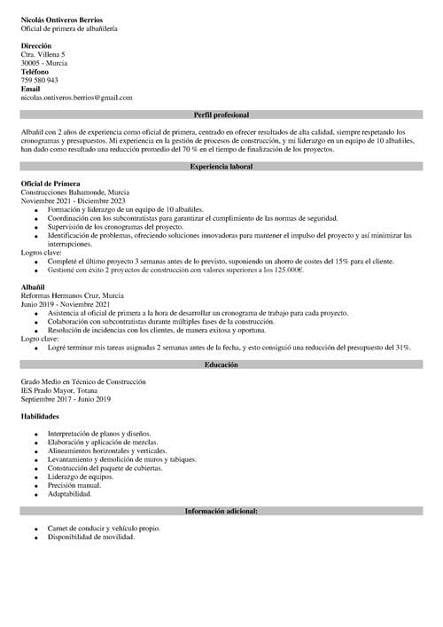 Curr culum De Alba il Ejemplo De CV Para Construcci n
