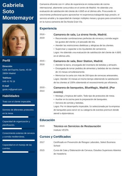 Modelo Y Ejemplos De Curriculum Vitae Como Camarero