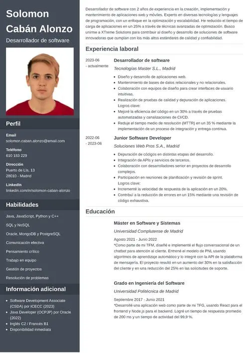 Ejemplo de CV de desarrollador de software