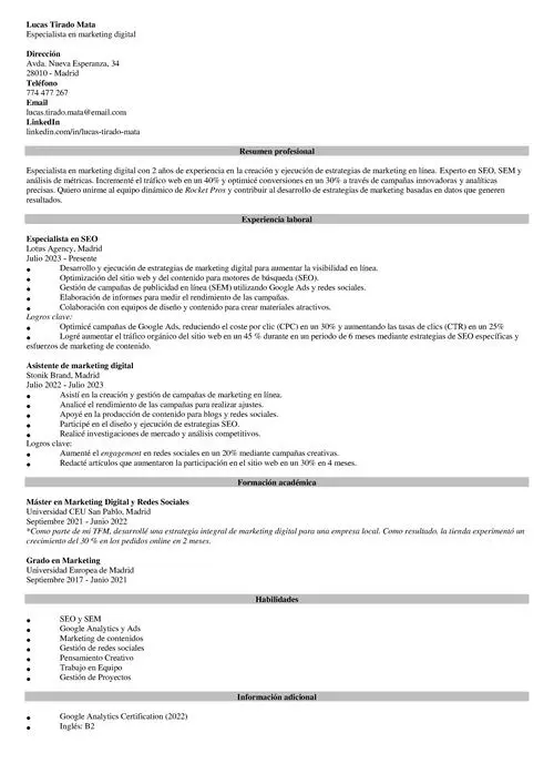 Currículum de especialista en marketing digital