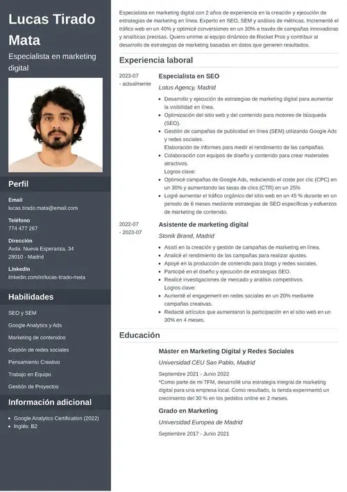 Currículum de especialista en marketing digital
