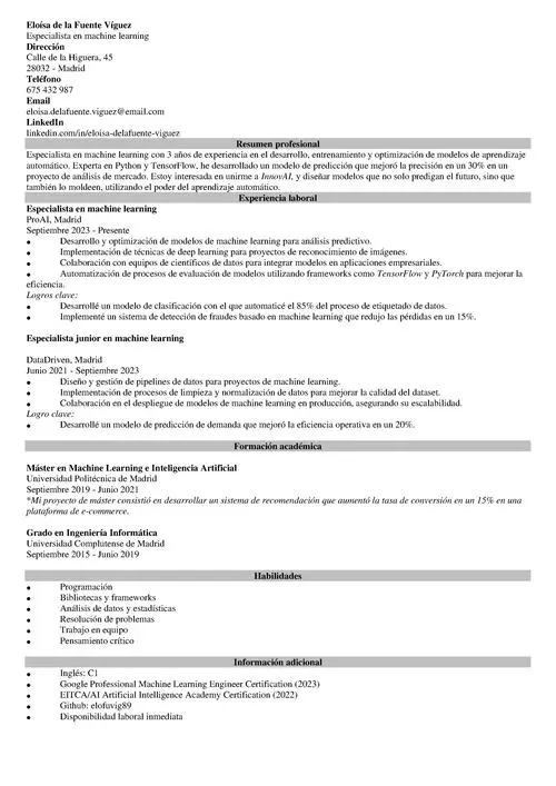 ejemplo de currículum de especialista en machine learning