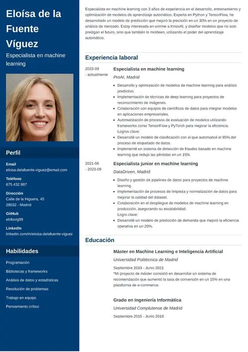 ejemplo de currículum de especialista en machine learning