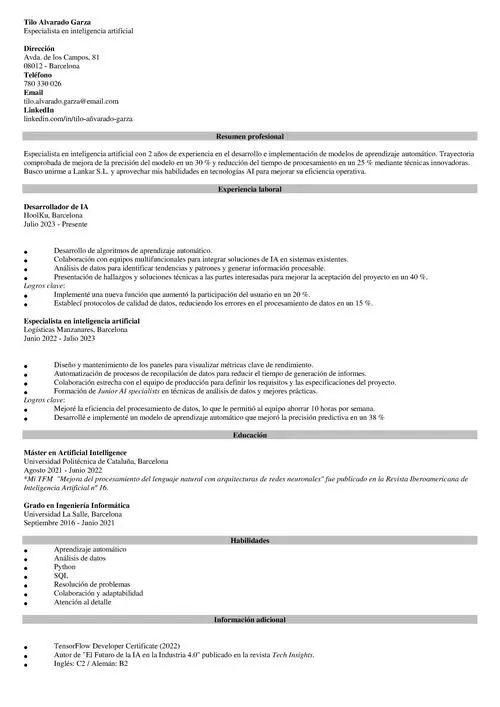 Ejemplo de currículum para especialista en inteligencia artificial