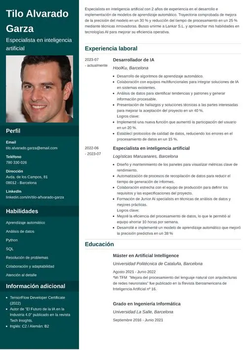 Ejemplo de currículum para especialista en inteligencia artificial