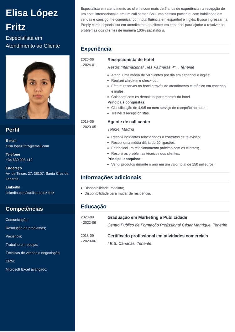 Modelo de currículum internacional en portugués