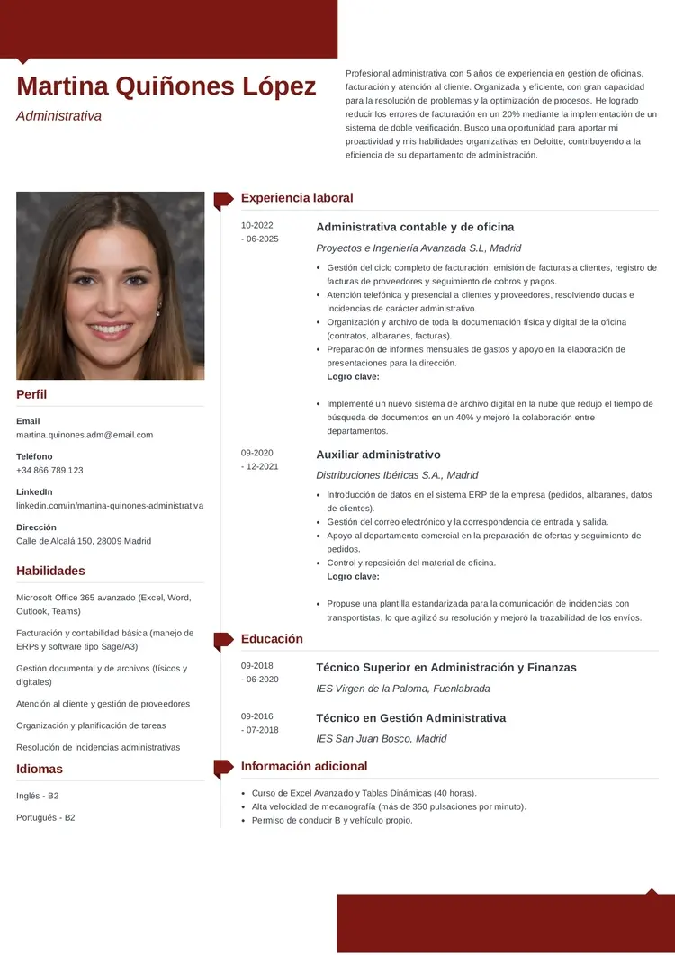 ejemplo de currículum de administrativo contable