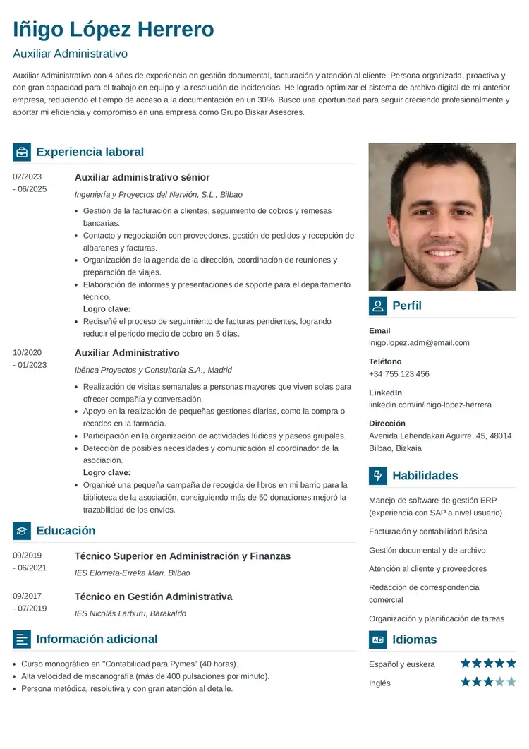 plantilla de currículum de auxiliar administrativo