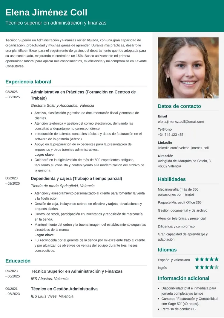 plantilla de currículum para administrativo sin experiencia