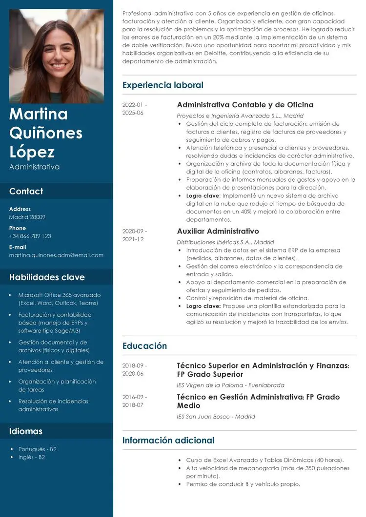 ejemplo de currículum de administrativo