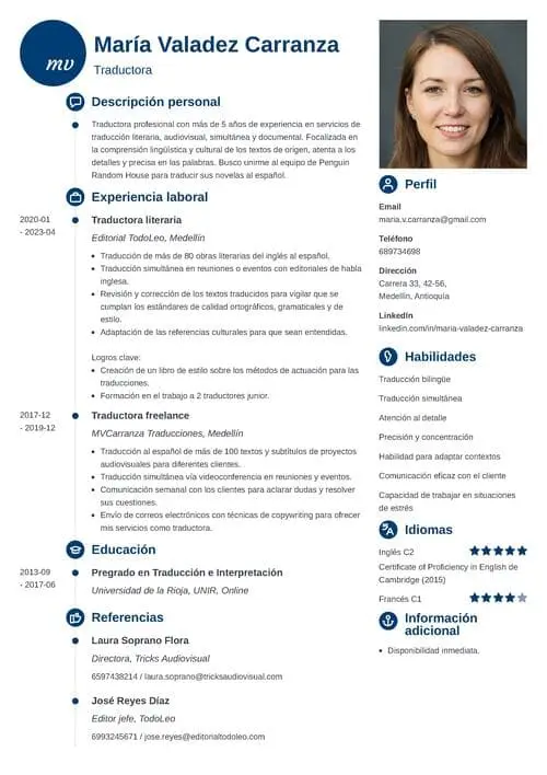 Formato de hoja de vida con símbolos y foto profesional