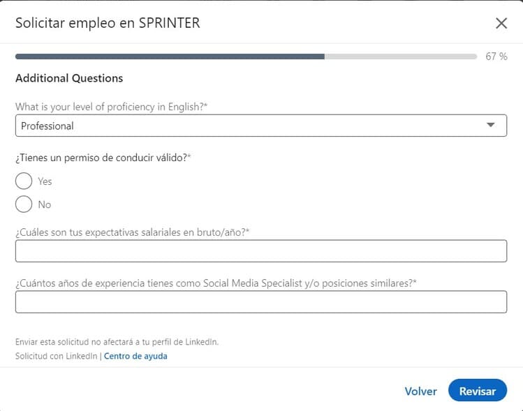 Sprinter currículum - Preguntas adicionales de Sprinter en LinkedIn